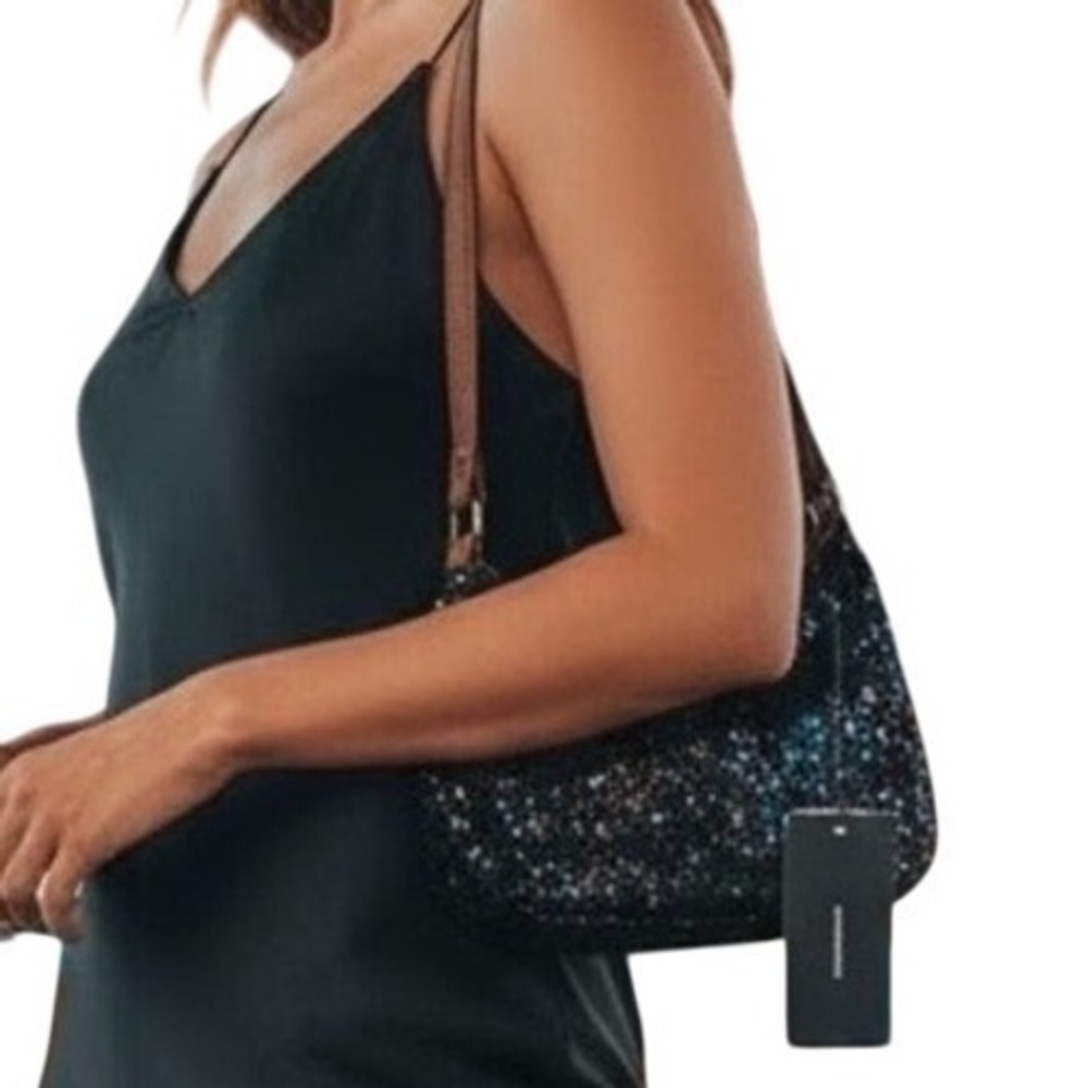 Nicole Miller Black Sequin Shoulder Bag Patent Hobo Handbag NEW Party wear Retro